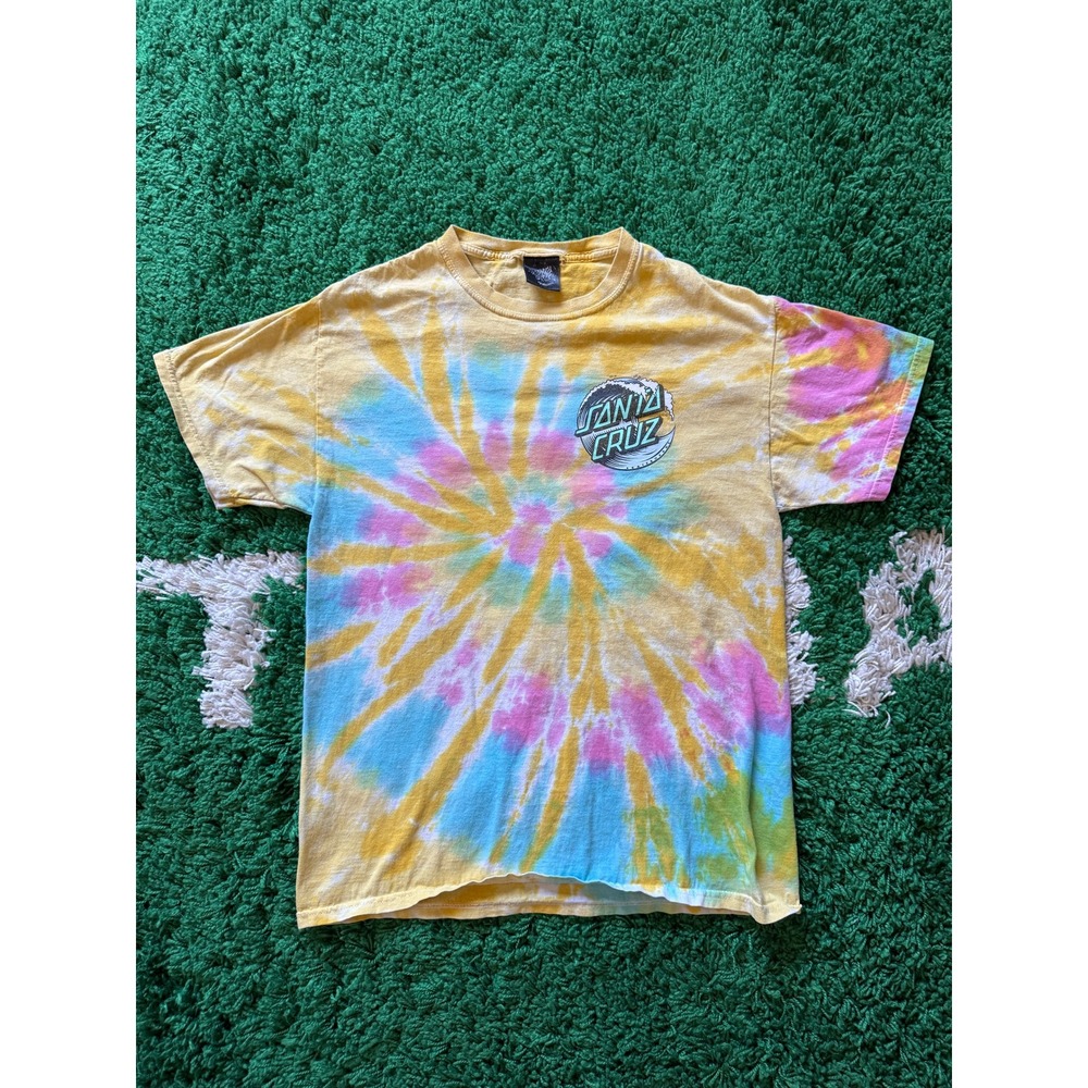 Santa Cruz T-Shirt Mens Medium Yellow‎ Tie Dye Excellent Wave Dot Logo Skate Tee